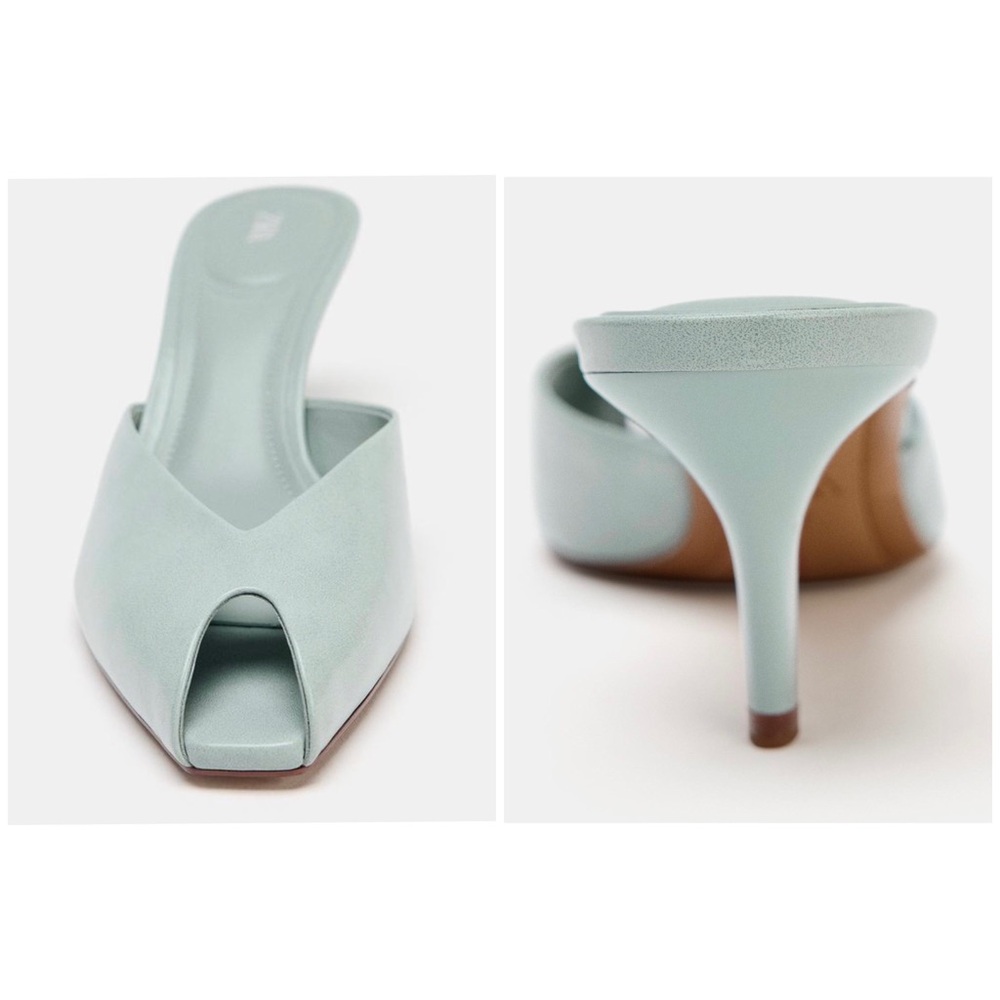 $60 Zara Dusty Blue Faux Patent Leather Peep Toe Heels Sandals Mules Size 8.5 - Picture 3 of 13